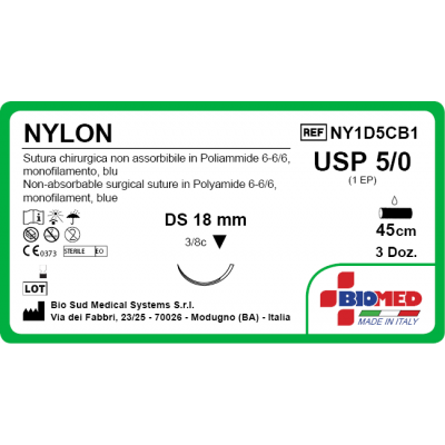 SUTURA NYLON 5/0 3/8C TR DS18 45CM BLU