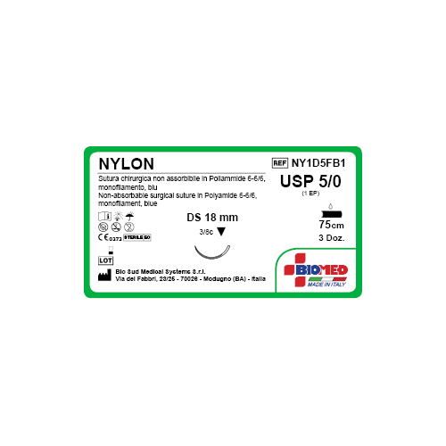 SUTURA NYLON 5/0 3/8C TRIAN DS18 75CM BLU